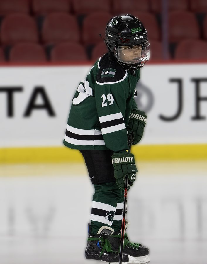 Hockey skater number 29 looking up ice